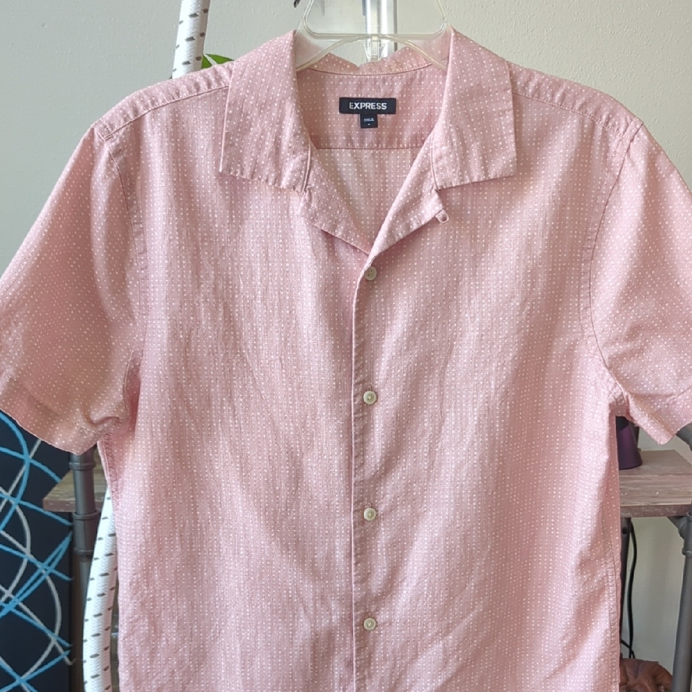 Express Pink Casual Button Down Shirt with Camp Collar